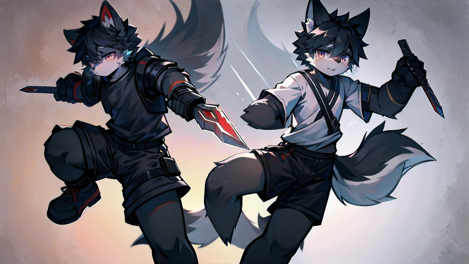 White Wolf,black hair,Red eyes,Wolf ears,Wolf Tail,juvenile,male,hairy,Hair,Half body armor,Combat uniform,Silver and black clothing,Handsome,Handsome,shorts,The forearm is exposed,leg,Fighting Stance,Duel,Two people,Anxious,Armed with a sword,Simple background,Swords