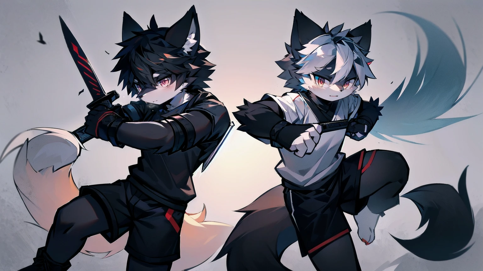 White Wolf，black hair，Red eyes，Wolf ears，Wolf Tail，juvenile，male，hairy，Hair，Half body armor，Combat uniform，Silver and black clothing，Handsome，Handsome，shorts，The forearm is exposed，leg，Fighting Stance，Duel，Two people，Anxious，Armed with a sword，Simple background，Swords