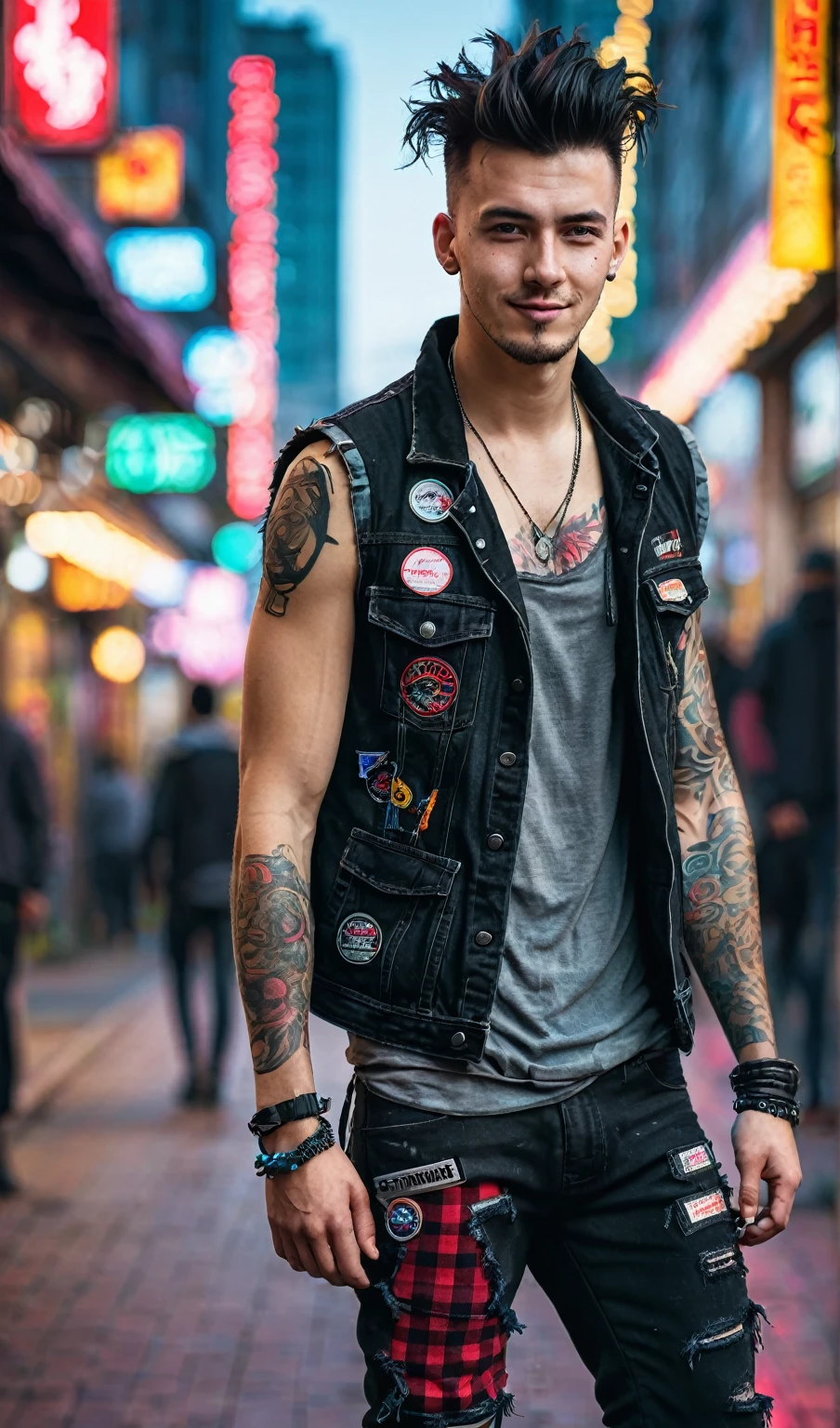 Masterpiece, above, very detailed, original photo, handsome 30 year old young man with cool messy black undercut hair, walking in the cyberpunk city center, wearing a black jean vest full of patches, typical punk pose, tight red checkered flannel pants ripped knees , black cool boots, facing the camera, looking very happy, cyberpunk urban background and neon colorful highlights. bokeh, frontal, ultraHD 32K resolution, HDR, 800mm lens, realistic, hyperrealistic, photography, professional photography, immersive photography, ultra HD, very high quality, best quality, HDR photo, focus photo, original photo, ultra sharp, nature photo, masterpiece, award winning, shot with hasselblad x2d.