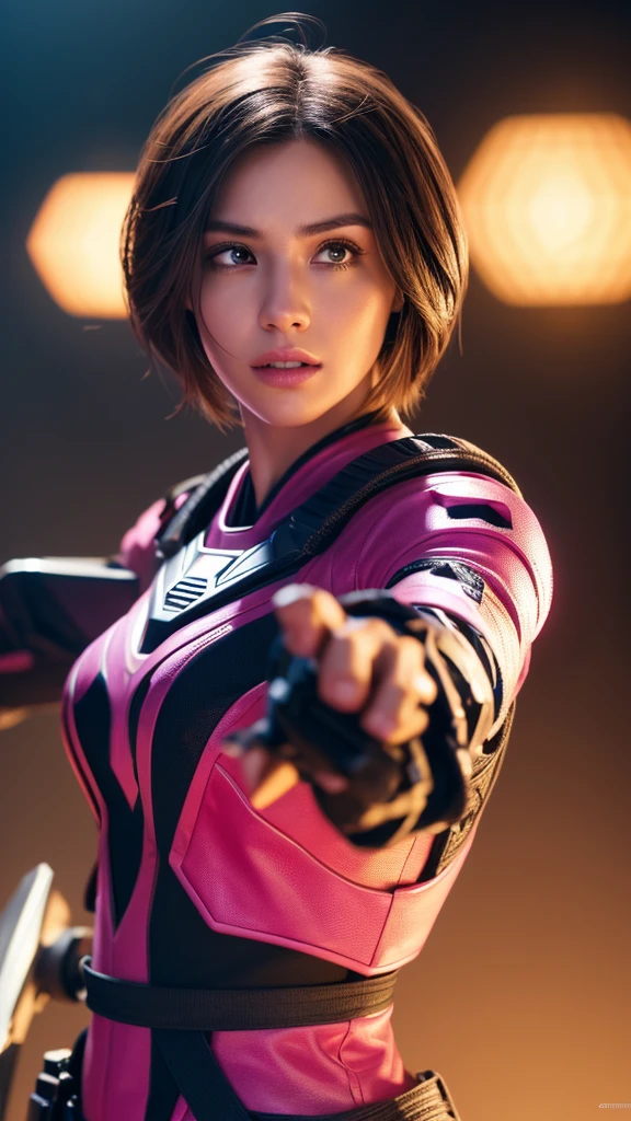 A female power ranger in a pink suit, highly detailed face with beautiful eyes, lips, and expressions, holding a glowing futuristic sword, dynamic action pose, sci-fi background, cinematic lighting, photorealistic, 8k, (best quality, 4k, 8k, highres, masterpiece:1.2), ultra-detailed, (realistic, photorealistic, photo-realistic:1.37), detailed facial features, dynamic lighting, dramatic shadows, vibrant colors, intricate details, concept art style, short hair 