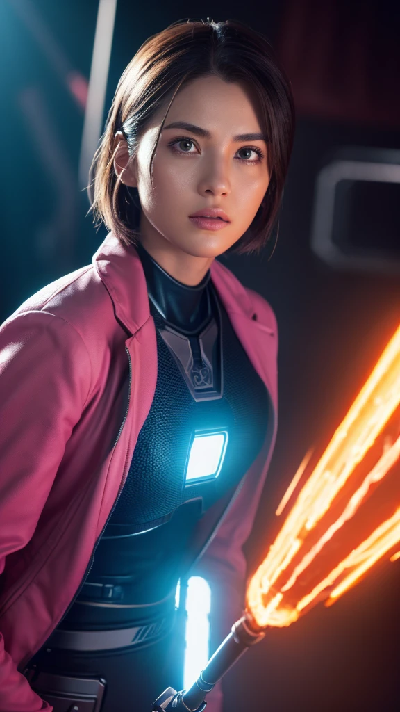 A female power ranger in a pink suit, highly detailed face with beautiful eyes, lips, and expressions, holding a glowing futuristic sword, dynamic action pose, sci-fi background, cinematic lighting, photorealistic, 8k, (best quality, 4k, 8k, highres, masterpiece:1.2), ultra-detailed, (realistic, photorealistic, photo-realistic:1.37), detailed facial features, dynamic lighting, dramatic shadows, vibrant colors, intricate details, concept art style, short hair