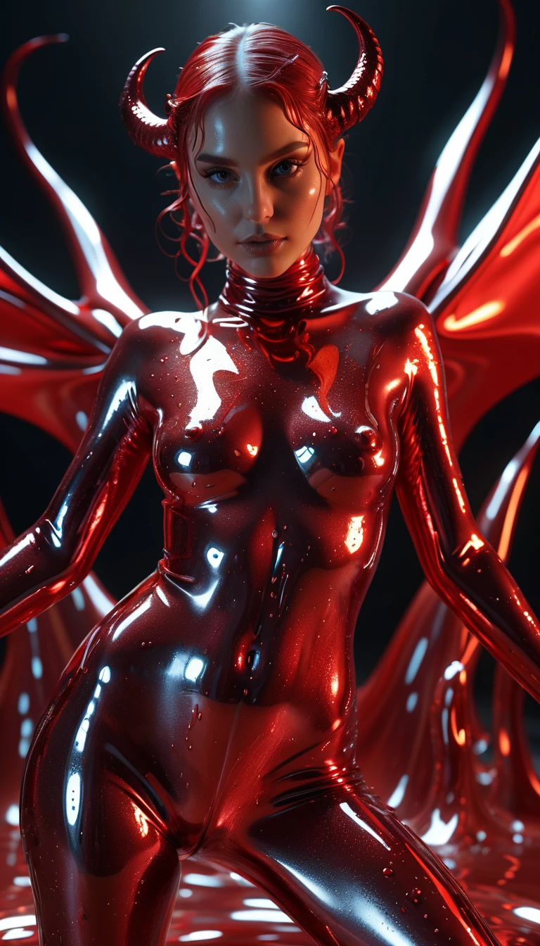 highly detailed full body portrait, erotic pose, beautiful succubus, wearing a metallic dripping liquid bodysuit, silver fluid bodysuit, red fluid bodysuit, vfx film, flowing liquids, fluidic dynamics, 3 d fluid simulation render, octane redshift, schlieren flow visualisation, swirling liquids, red and silver color palette 8k, abstract liquid, fluid simulation, ultra detailed, (masterpiece), (best quality), (detailed lighting) (anatomically correct), (hyper-intricate-fine-detailed), (beautiful-face-detailed), (beautiful-eyes-detailed), (high res), (accuracy), 8k, (raytraced), UHD