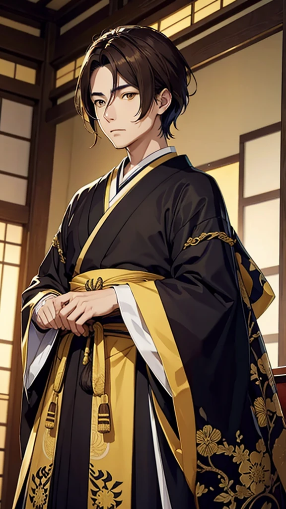  A japanese king with yellow eyes brown hair wearing fantasy dress 