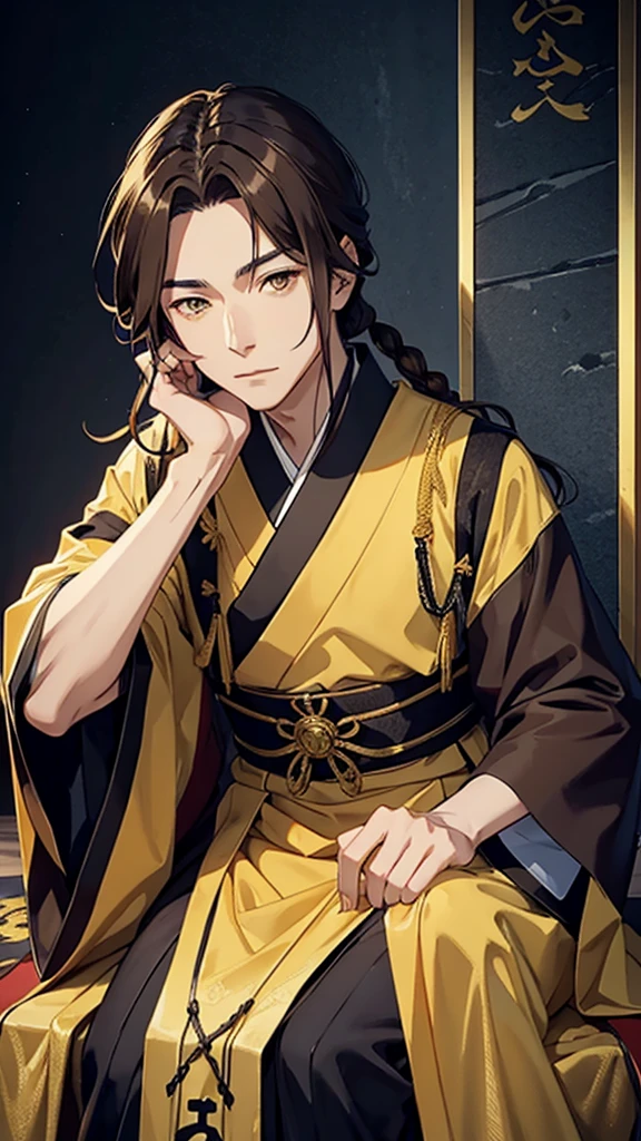  A japanese king with yellow eyes brown hair wearing fantasy dress 