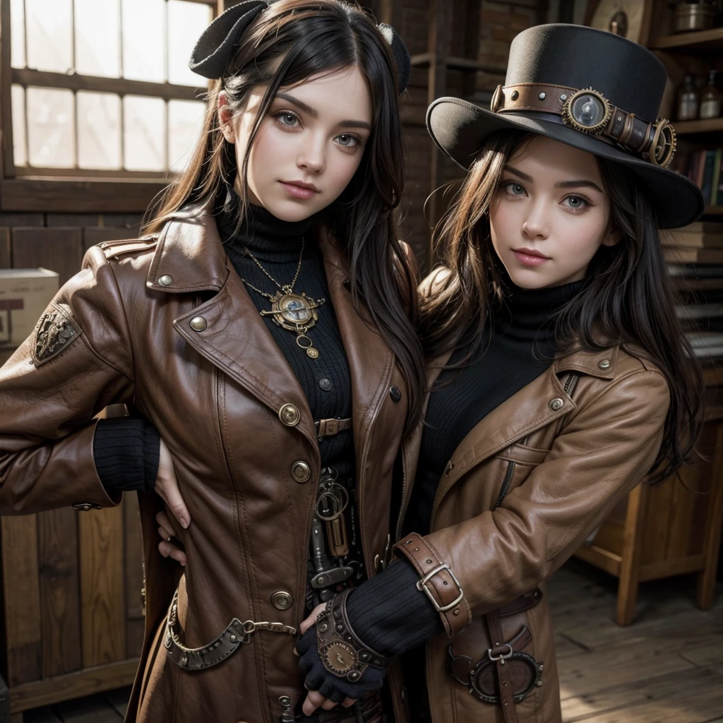 Create two men and two women in Steampunk aesthetic, realistic and all together: one with medium wavy black hair, Japanese traits, Round face, com altura de 1,75. The other woman with long straight dark brown hair, striking Italian traits, com altura de 1,67. A man with straight, short dark brown hair, Brazilian traits, lean defined, cm height of 1,86. The other man with short wavy light brown hair, com striking Italian traits principalmente nariz, com altura de 1,82. Everyone aged 19 to 20. REALISTIC LIKE HUMAN BEINGS