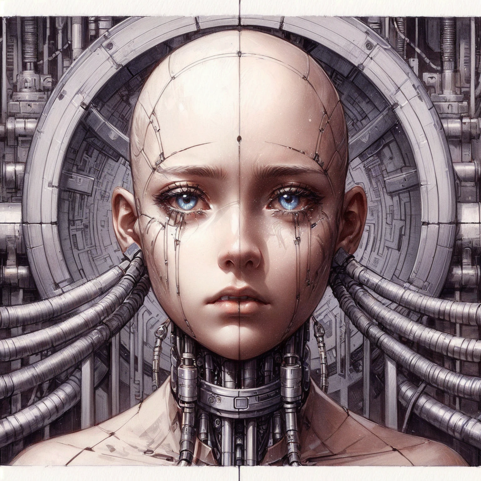 a close up of a woman with a machine head and a machine behind her, (sad expression, tears), symmetry!! portrait of cyborg, translucid. biomechanical cyborg, cyborg - girl, cybernetic machine female face, symmetry! futuristic robotic, intricate transhuman, symmetrical portrait scifi, detailed portrait of a cyborg, cyborg girl, biomechanoid, biomechanical gaia