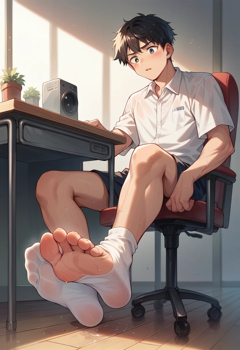 Anime boy Yuji Itadori very wet sweaty white socks scrunching his soles under chair showing his feet soles so very close to the camera
