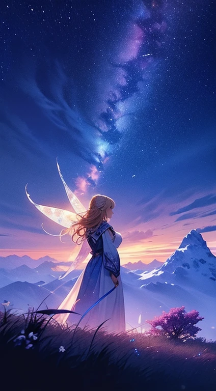 1people々々々々々々々々々々々,Blonde long-haired woman,Fairy, Dress Silhouette, Rear View,Space Sky, Ice World,Colorful flowers,shooting star々,
