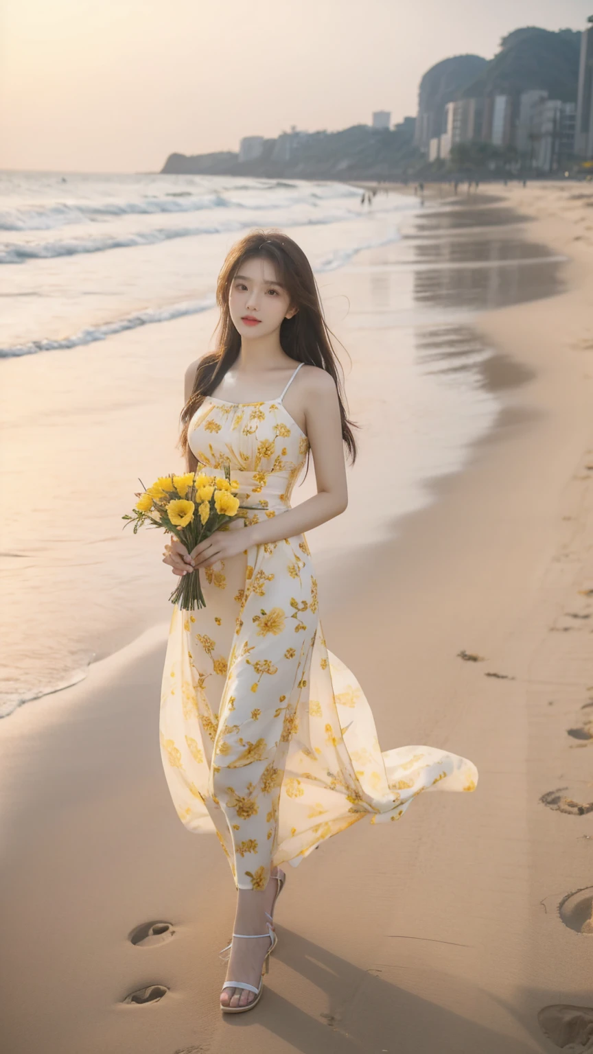Arafe woman in yellow flower dress on the beach, beautiful korean woman, gorgeous young korean woman, gorgeous chinese model, korean girl, young cute gravure idol, beautiful young korean woman, beautiful asian girl, young and cute girl, say it vadilumrat, super detailed face,Big ,Sexy,Bare shoulders,full,