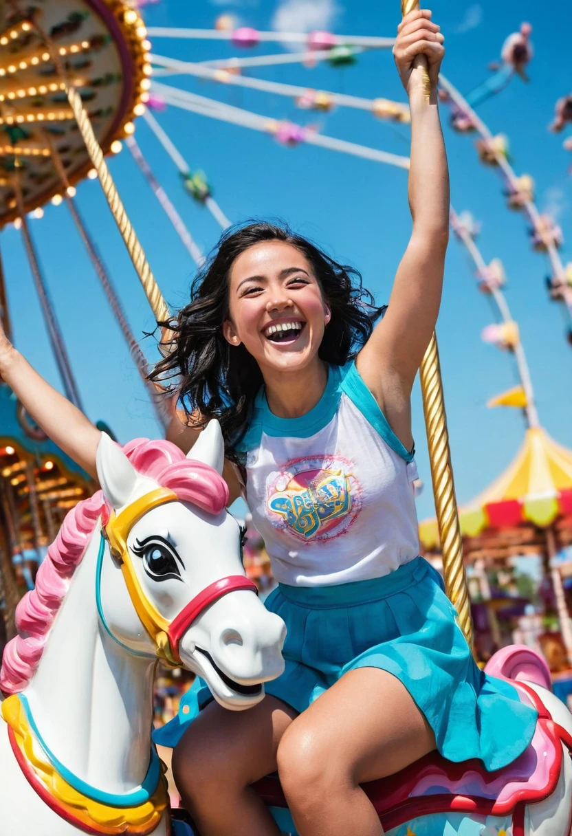 Bayley, sporting her vibrant and colorful ring gear, in an unexpected environment that perfectly complements her cheerful and energetic personality. Place her in a whimsical amusement park, surrounded by roller coasters, cotton candy vendors, and a clear blue sky. Bayley is embracing the carefree spirit of the day off, laughing joyfully as she enjoys a ride on a carousel with a big smile on her face. Capture the fun and excitement of this playful moment as Bayley adds her infectious energy to the whimsical world around her.