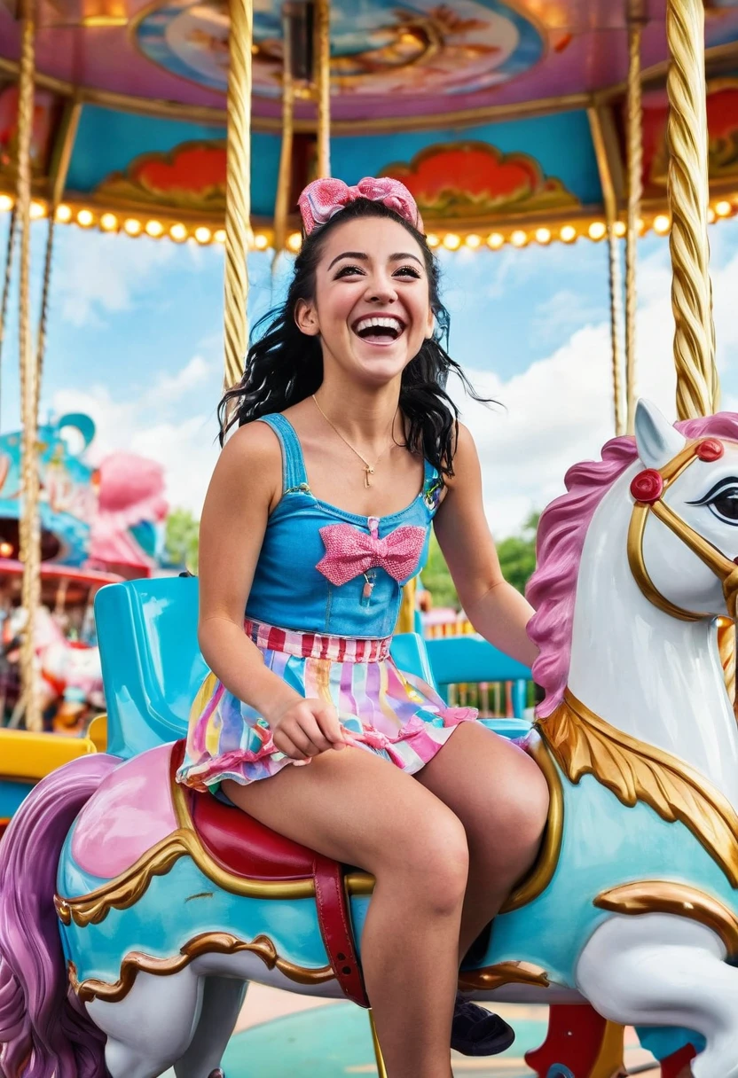 Bayley, sporting her vibrant and colorful ring gear, in an unexpected environment that perfectly complements her cheerful and energetic personality. Place her in a whimsical amusement park, surrounded by roller coasters, cotton candy vendors, and a clear blue sky. Bayley is embracing the carefree spirit of the day off, laughing joyfully as she enjoys a ride on a carousel with a big smile on her face. Capture the fun and excitement of this playful moment as Bayley adds her infectious energy to the whimsical world around her.