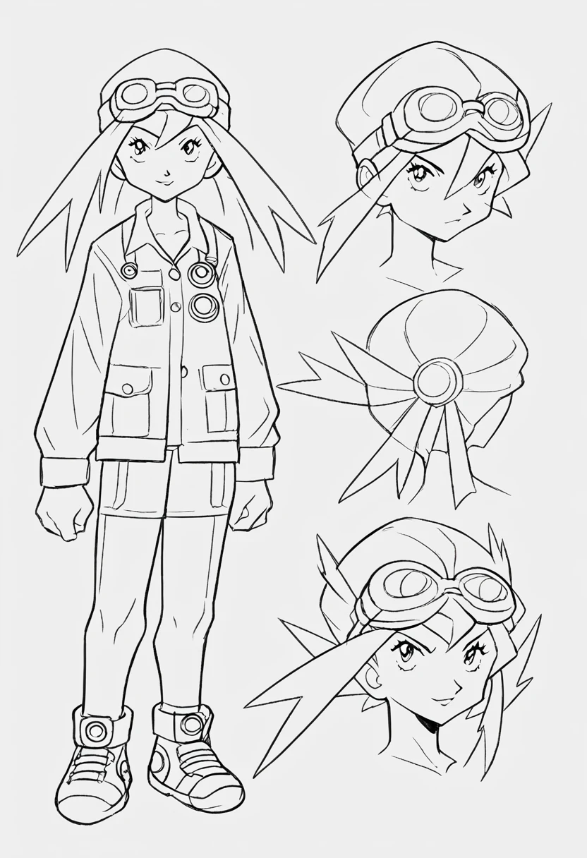 Full body Character sheet of A pair of boy and girl digimon protagonist wearing goggles on their head Y2K fashion outfits, full body dynamic pose concept art Pokemon trainer art