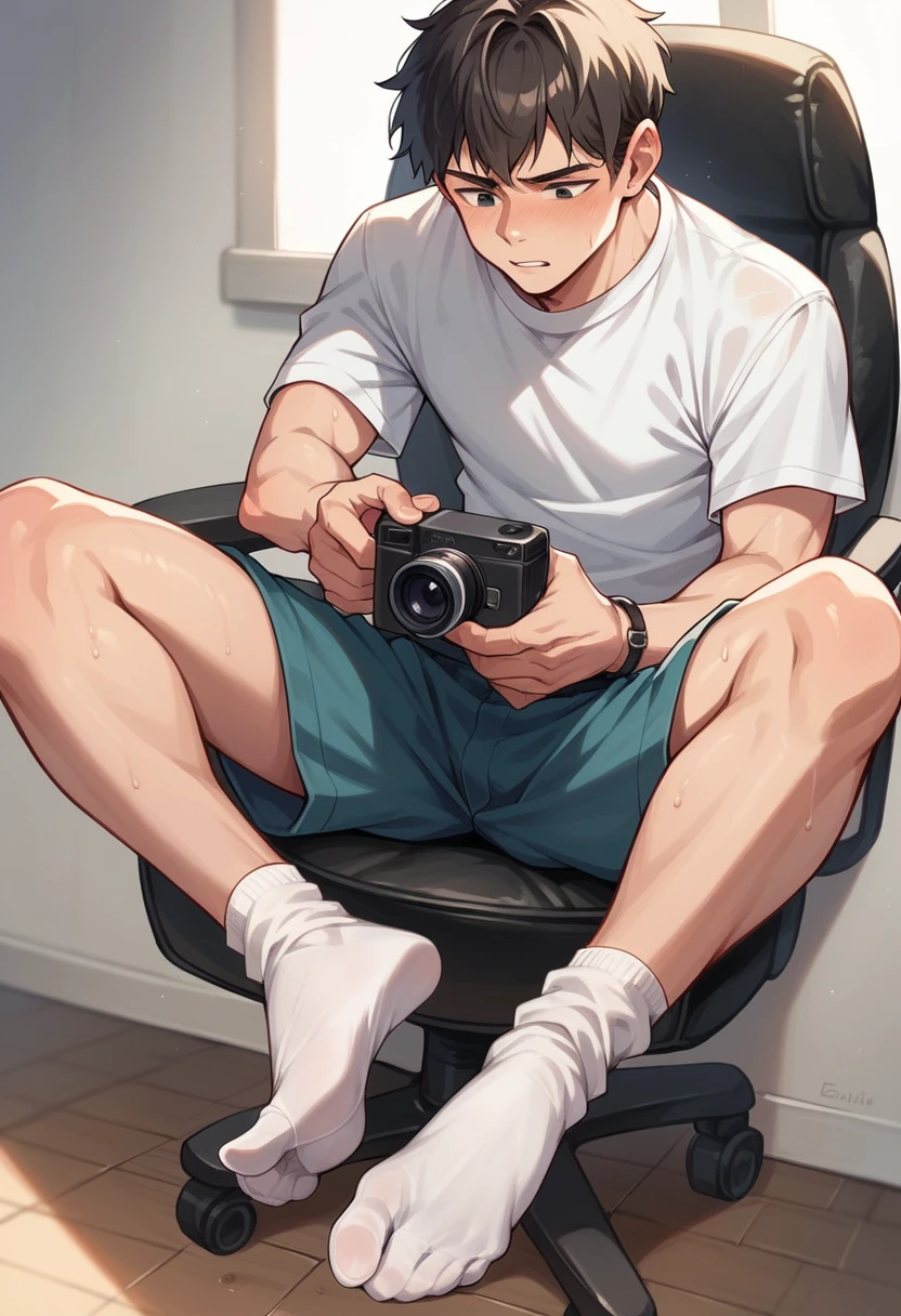 Boy showing the soles of his feet while scrunching his sweaty soles in white socks sitting on chair while his feet under the camera with shoeplaying