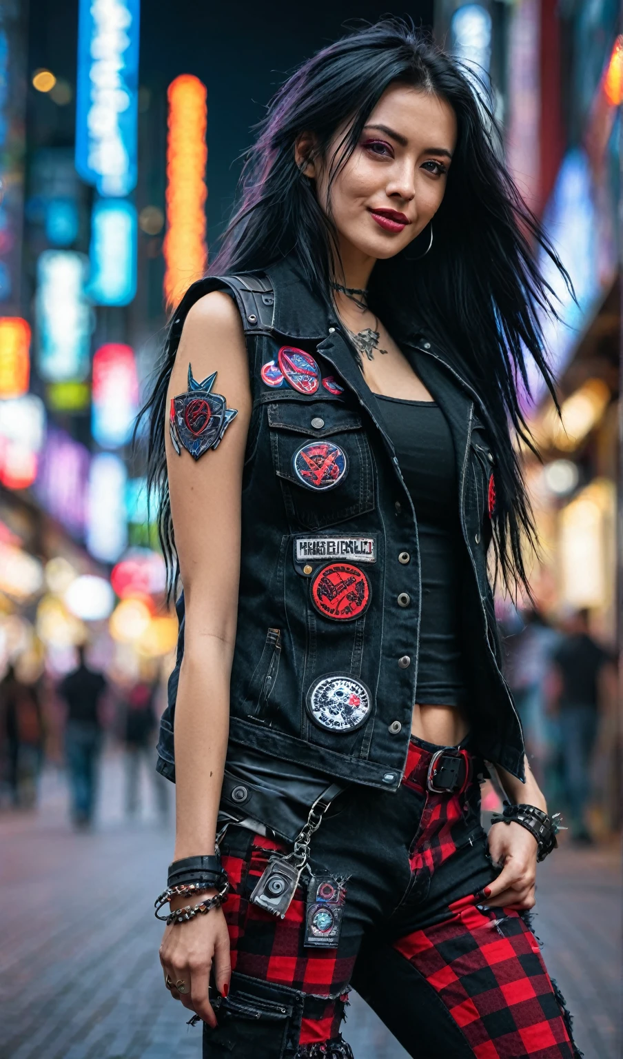 Masterpiece, above, very detailed, original photo, close-up foto, beautiful woman with long flowing black hair, walking in the cyberpunk city center, wearing a black jean vest full of patches, striking a typical punk pose, tight red checkered flannel trousers ripped knees, boots black cool, facing the camera, looks very happy, cyberpunk urban background and neon colorful highlights. bokeh, frontal, ultraHD 32K resolution, HDR, 800mm lens, realistic, hyperrealistic, photography, professional photography, immersive photography, ultra HD, very high quality, best quality, HDR photo, focus photo, original photo, ultra sharp, nature photo, masterpiece, award winning, shot with hasselblad x2d.