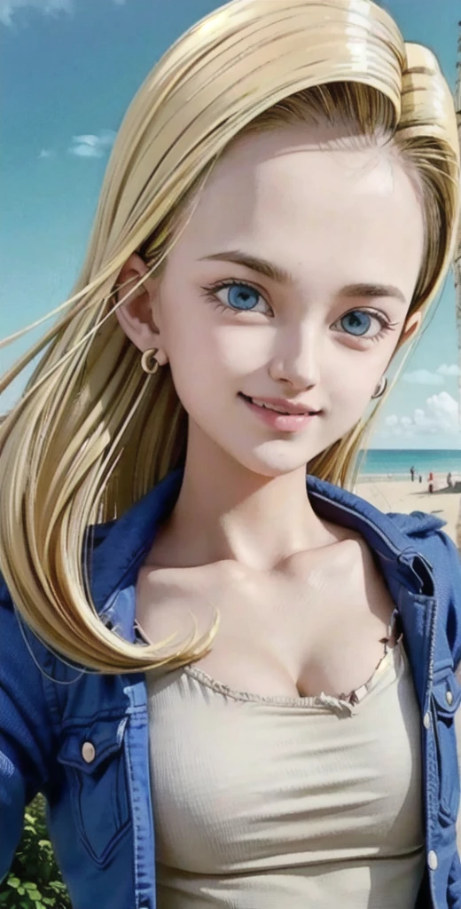 android 18,blonde hair, (Long Straight hair), blue eyes, vest, black shirt, long sleeves, denim jacket, looking at viewer, smile Face, close up portrait, outside, beach, ocean, blue sky, trees, rocks, high quality, masterpiece,  sexy body, perfect breasts, slightly torn shirt on the chest