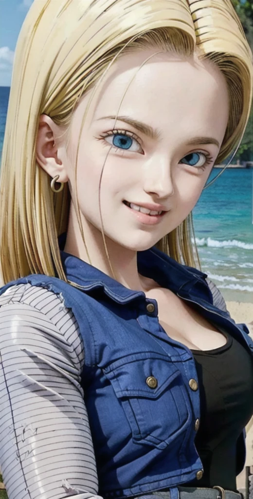 android 18,blonde hair, (Long Straight hair), blue eyes, vest, black shirt, long sleeves, denim jacket, looking at viewer, smile Face, close up portrait, outside, beach, ocean, blue sky, trees, rocks, high quality, masterpiece,  sexy body, perfect breasts, slightly torn shirt on the chest