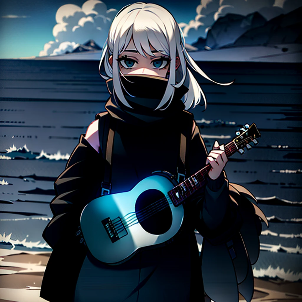 dusk,White hair girl,Wearing a white shirt and plaid skirt,The hood covered her face,She carries a backpack on one shoulder,A guitar on one shoulder,Facing the sea。