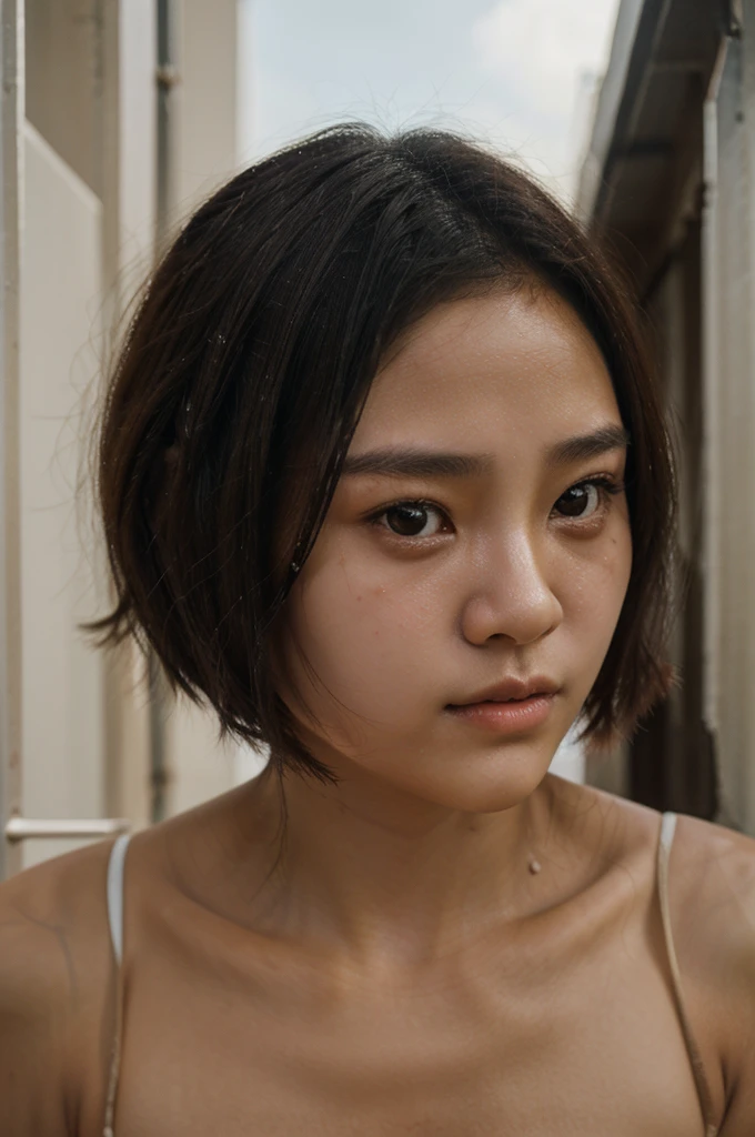 A 15-year-old Thai woman with a calm face, no smile, big dark eyes, a high-bridged nose, short hair
