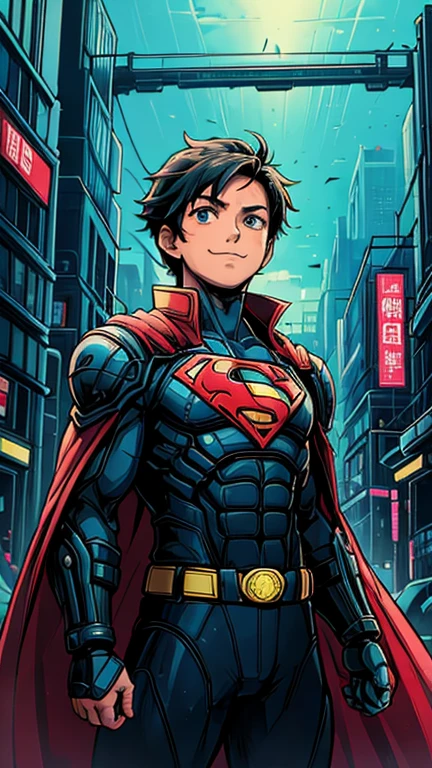 (8k),(masterpiece),(Japanese),(-yeld bo((innocent look)),((Childish)),From the front,Cowboy shot, upper body, smile,cute,Innocent,Kind eyes,Flat chest, DC Superman superhero, red cape, short,Hair blowing in the wind, Black Hair,Strong wind,midnight,dark, pitch black, Neon light CyberpunkAI Metropolis City,