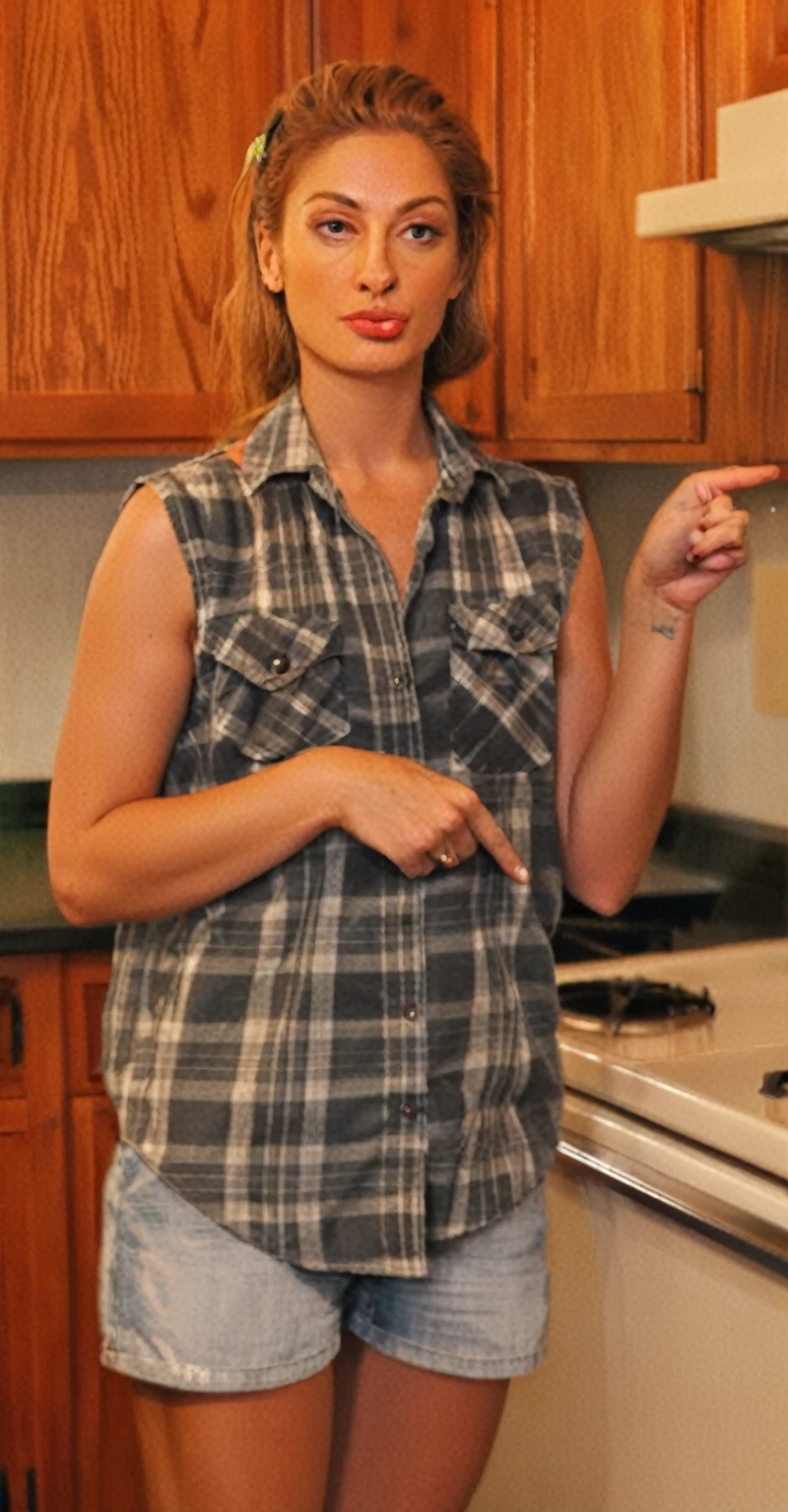 pretty woman pointing at something in kitchen with wooden cabinets, wearing nothing, in the nude, cooking it up, full body close-up shot, mid 20's female, wide shot photo, very sexy