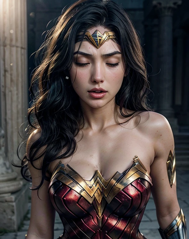 1 girl, 1 man, Kate, 21 anos de idade, short Cabelo preto with blue highlights, olhando para o espectador, olhos azuis, Corpo perfeito e sensual, having sex, beautiful face, beautiful body, wonder_woman, ((black man behind wonder woman)), (greek temple), eyes closed, closed eyes, eyes closed, shy, pain, moaning, open mouth, cinematic lighting, Nikon, blurry foreground, Hyperrealism, masterpiece, accurate, anatomically correct, textured skin, super detail, highres, 8k