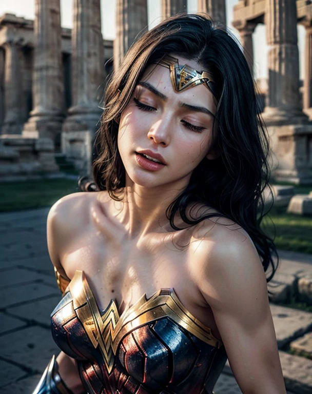 1 girl, 1 man, Kate, 21 anos de idade, short Cabelo preto with blue highlights, olhando para o espectador, olhos azuis, Corpo perfeito e sensual, having sex, beautiful face, beautiful body, wonder_woman, ((black man behind wonder woman)), (greek temple), eyes closed, closed eyes, eyes closed, shy, pain, moaning, open mouth, cinematic lighting, Nikon, blurry foreground, Hyperrealism, masterpiece, accurate, anatomically correct, textured skin, super detail, highres, 8k