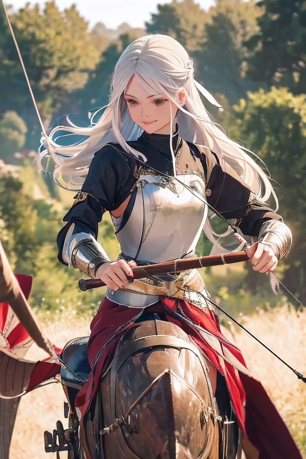 woman in medieval dress riding on horse with bow and arrow going for hunting in wide grassland, female archer, woman holding recurve bow, goddess of the hunt, beautiful female knight, female forest archer, holding a longbow, holding bow and arrow, with bow and arrow, of a beautiful female knight, archer bow, medieval female warrior, wielding a bow, longbow, human warrior princess, silver hair, hair ribbon, smile, depth of field, ray tracing, reflection light, blending, accurate, anatomically correct, high details, high quality, best quality, highres, masterpiece