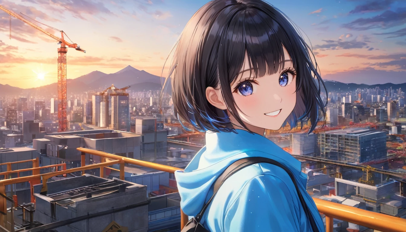 Downtown Tokyo, A clear sky with fluffy white clouds, construction area, Blur the background,Short black haired high school girl, High Cut ,smile,Glitter effect,Highest quality, 4K, 8k, High resolution, masterpiece:1.2, Very detailed, Realistic:1.37, High resolution, 超High resolution, Studio Lighting, Ultra-fine painting, Sharp focus, Physically Based Rendering, Very detailedな説明, Professional, Vibrant colors, Portraiture, landscape, photograph. Blue dominates the color palette