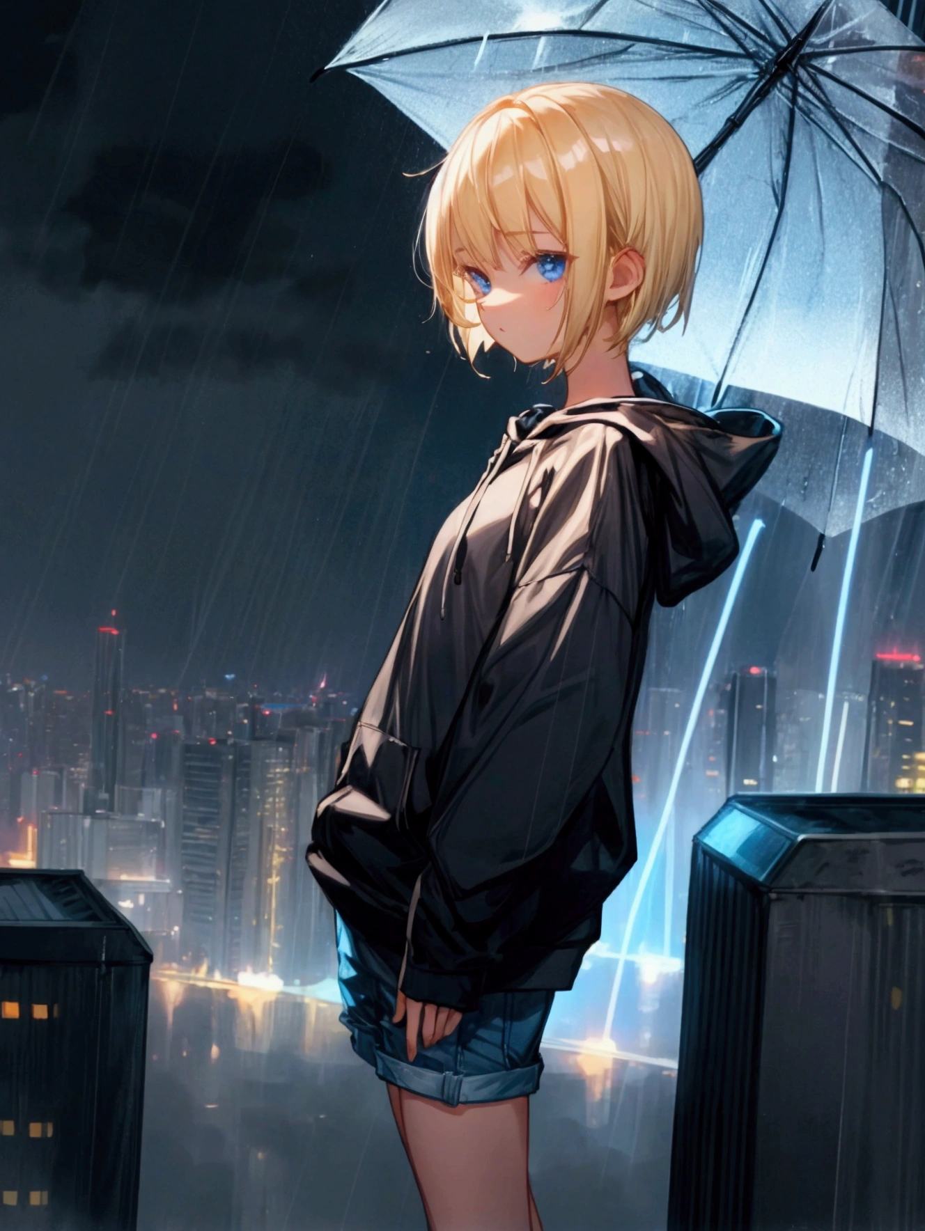 girl with blonde short hair, blue eyes, wearing short pants, black hoodie, night rainy, using lightning magic, low angle camera, from top of bulding