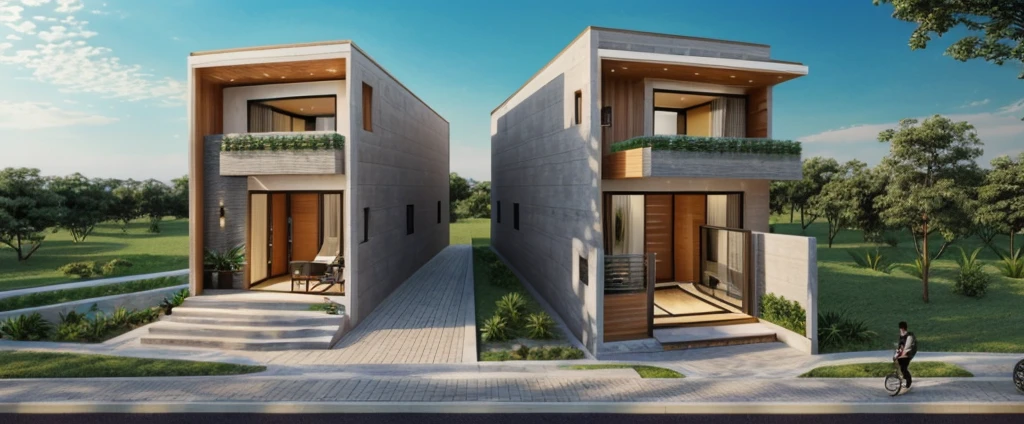 (((best quality, masterpiece))), (surreal, optical:1.2), high quality, (daylight:1.2), perfect lighting,(residential) modern house modern, main material ((wood: gray stone:0,4)), villa, modern gray house, modern, dynamic light, super light, ((light emitted from inside the house: 1.1)) , ((clear blue sky:1.3)), ((garden lights)), rock, peaceful, romantic , ((haze)), tường đồng bộ màu trắng