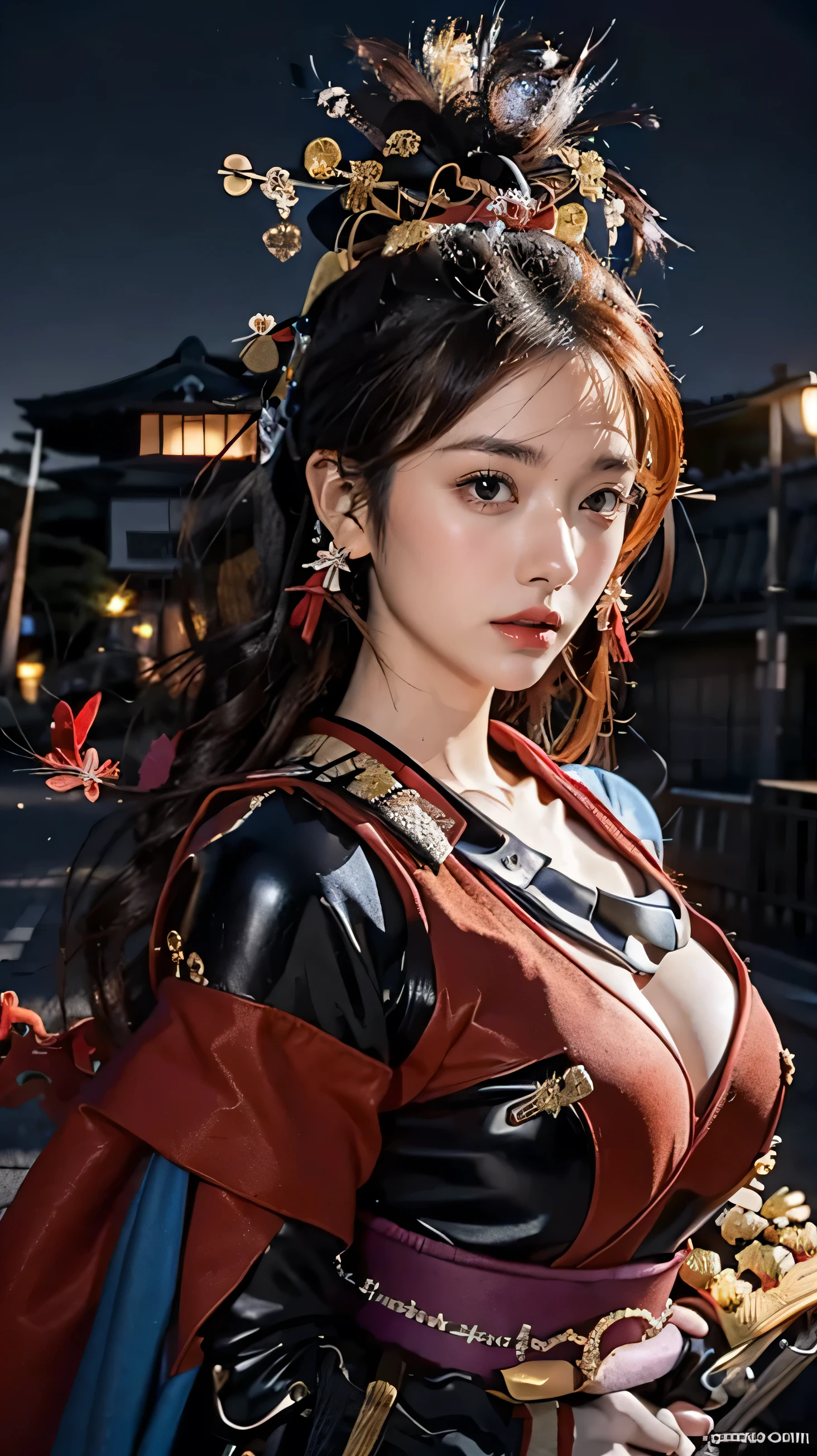 1girl,Tokyo Street,night,view of the ancient city of Japan,face details,hand details,city lights,half body view,cleavage,(((big breasts))),8k,RAW photos,best quality,masterpiece,realistic,photos  -realistic,best quality,masterpiece, very high resolution), 8K, 1girl, ((ninja suit)), from below, (((samurai detail:1,5))), natural skin texture, skin pores, texture  natural skin, dynamic poses, film details,