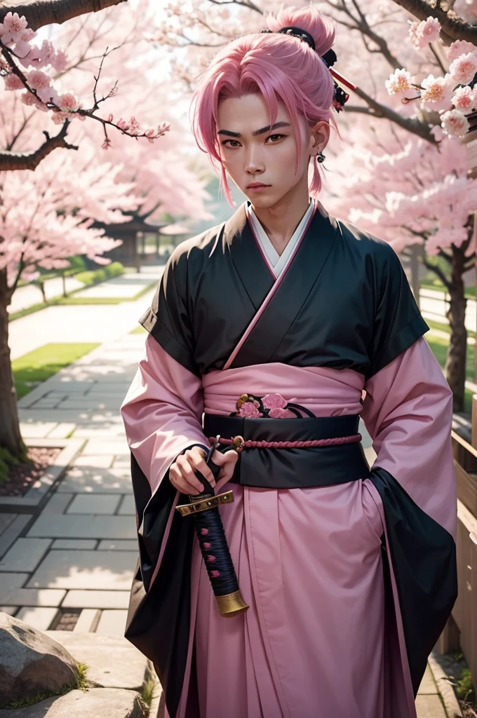 boy, Samurai, greeneyes, pink  hair, aretes, japanese clothing, katana, kimono, cherry blossom