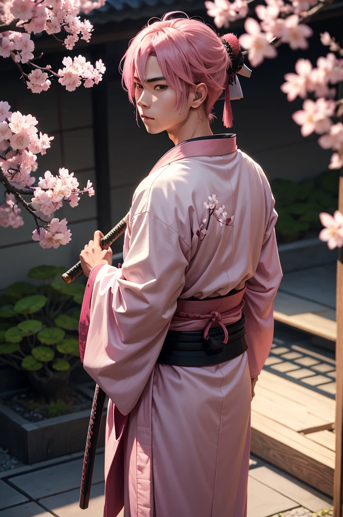boy, Samurai, greeneyes, pink hair, aretes, japanese clothing, katana, kimono, cherry blossom
