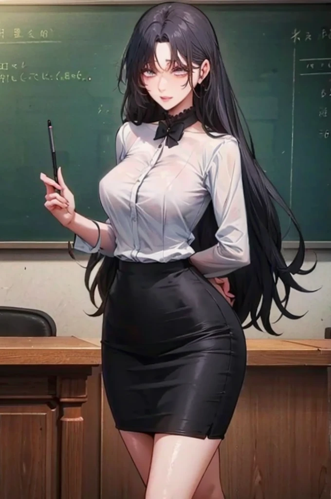 A beautiful Asian woman in her late 30s, with long black hair styled neatly. She is wearing an elegant office lady (OL) outfit consisting of a fitted white blouse, a knee-length black pencil skirt, and black high heels. She has a gentle yet confident expression, exuding both professionalism and warmth. The setting is a modern classroom with a whiteboard behind her, and she is holding a stack of books. Her outfit complements her slim and graceful figure, and she stands in a poised and composed manner
