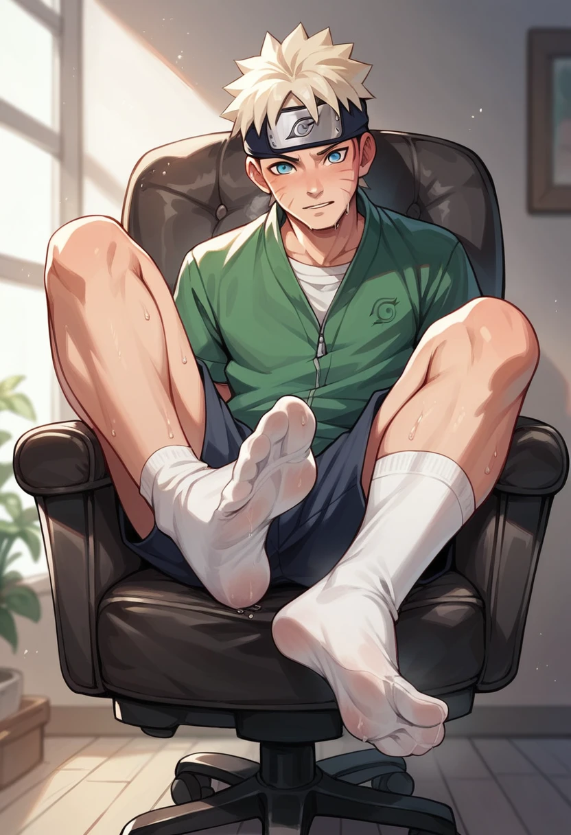 Anime boy Naruto very wet sweaty white socks scrunching his soles under chair showing his feet soles so very close to the camera