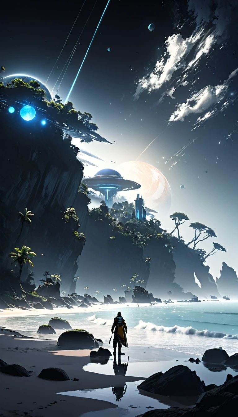 anime scene of a man standing on a beach looking at a distant planet, concept art wallpaper 4k, inspired by Raphael Lacoste, 4k highly detailed digital art, by sparth, by Raphael Lacoste, inspired by sparth, bastien grivet, concept art 4k, concept art 4 k, high quality digital concept art, 4 k resolution concept art