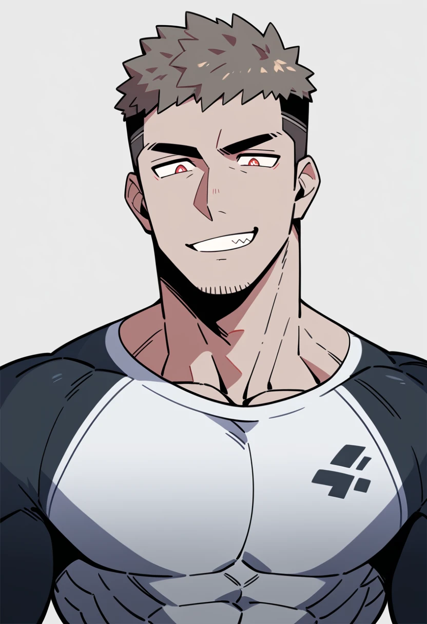 anime characters：Priapus, Dark Grey Skin Muscle Sports Student,Manliness, male focus, Sports tight hooded sweatshirt, Under Armour Brand, Wear a high-necked tights underneath, Very tight, full and perky chest muscles, muscular male, muscular, only, Upper body, alone, Red short hair, Thick eyebrows, stubble, Brown-red pupils, White background, simple background, amazing quality, best aesthetics, Ridiculous, crew cut, smirk, bright pupils, grin, negative space, negative space, best quality