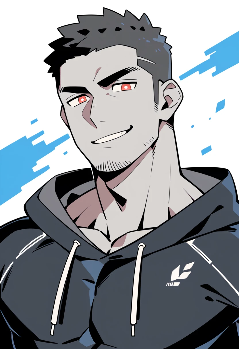 anime characters:Priapus, Dark Grey Skin Muscle Sports Student,Manliness, male focus, Sports tight hooded sweatshirt, Under Armour Brand, Wear a high-necked tights underneath, Very tight, full and perky chest muscles, muscular male, muscular, only, Upper body, alone, Red short hair, Thick eyebrows, stubble, Brown-red pupils, White background, simple background, amazing quality, best aesthetics, Ridiculous, crew cut, smirk, bright pupils, grin, negative space, negative space, best quality