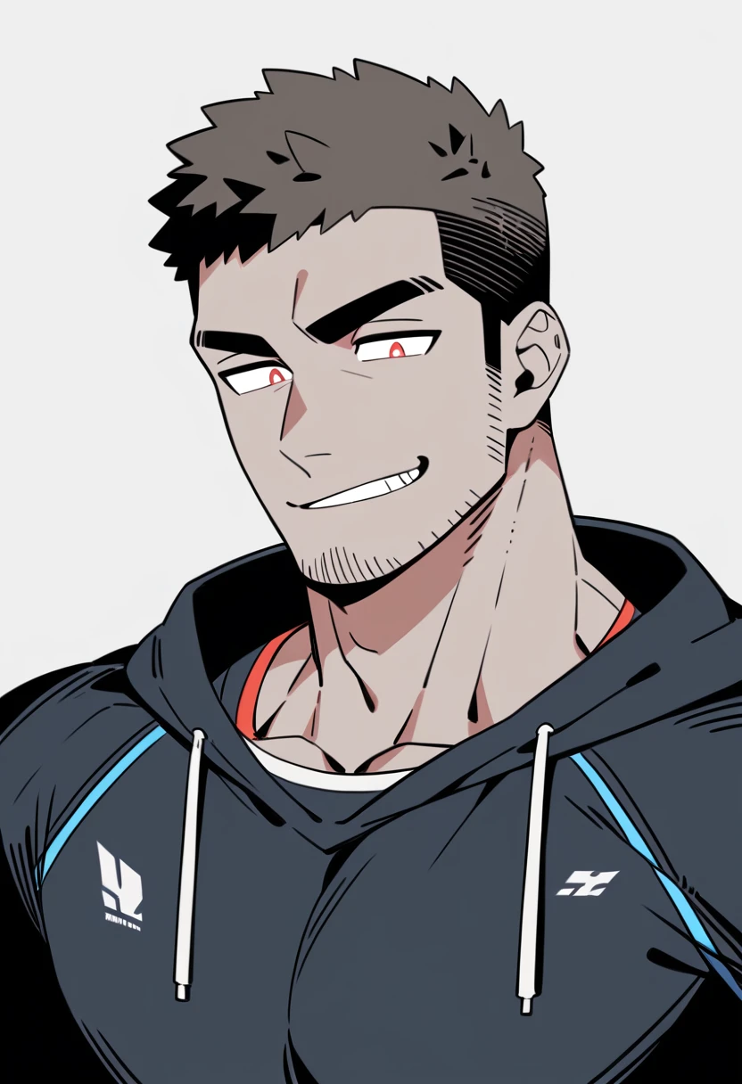 anime characters：Priapus, Dark Grey Skin Muscle Sports Student,Manliness, male focus, Sports tight hooded sweatshirt, Under Armour Brand, Wear a high-necked tights underneath, Very tight, full and perky chest muscles, muscular male, muscular, only, Upper body, alone, Red short hair, Thick eyebrows, stubble, Brown-red pupils, White background, simple background, amazing quality, best aesthetics, Ridiculous, crew cut, smirk, bright pupils, grin, negative space, negative space, best quality