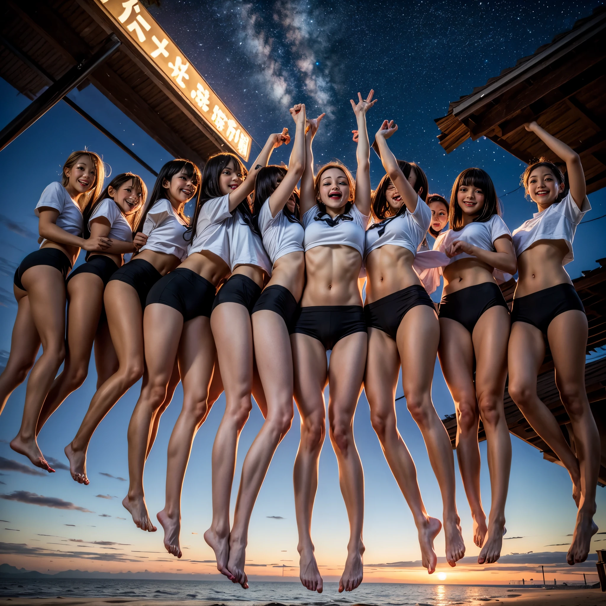  Masterpiece of ProfessionalPhoto ((ExtremelyDetailed (12 PICHIPICHI KAWAII Girls Floating in The Air in a row:1.37) in WHITE at Dusk Enoshima Beach)), {(Standing Full Body:1.2)|(from below:1.2)|Detailed KAWAII face}, Different types of hair colors, {(skinny(school swimwear))|(SchoolUniform)with Skinny AthleticShorts}, {(Corrected Childish hand)|Hidden hand|Different types of breasts|(Clearly Visible the shape of Butt)}, Joyful Expressions LifeLike Rendering, PerfectLighting, (Dazzling Horizon Visible through ThighGap), (Starry IridescentParticles:1.22) ColorfulClouds