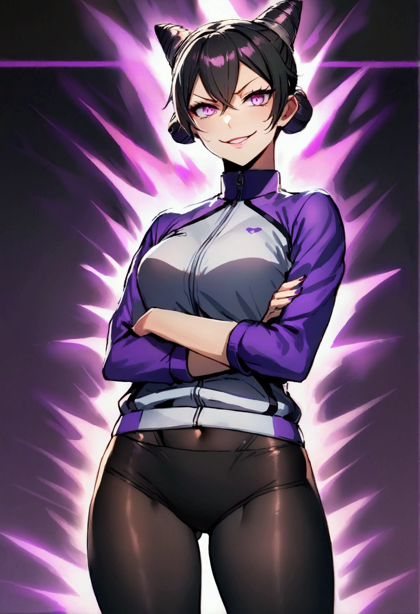 beautiful young fitness woman with , in a gym wearing May with black pantyhose, white and purple fitted gym jacket. standing alone,hair horns,bright purple eyes,Evil smile,legging preto aura roxa,crossed arms