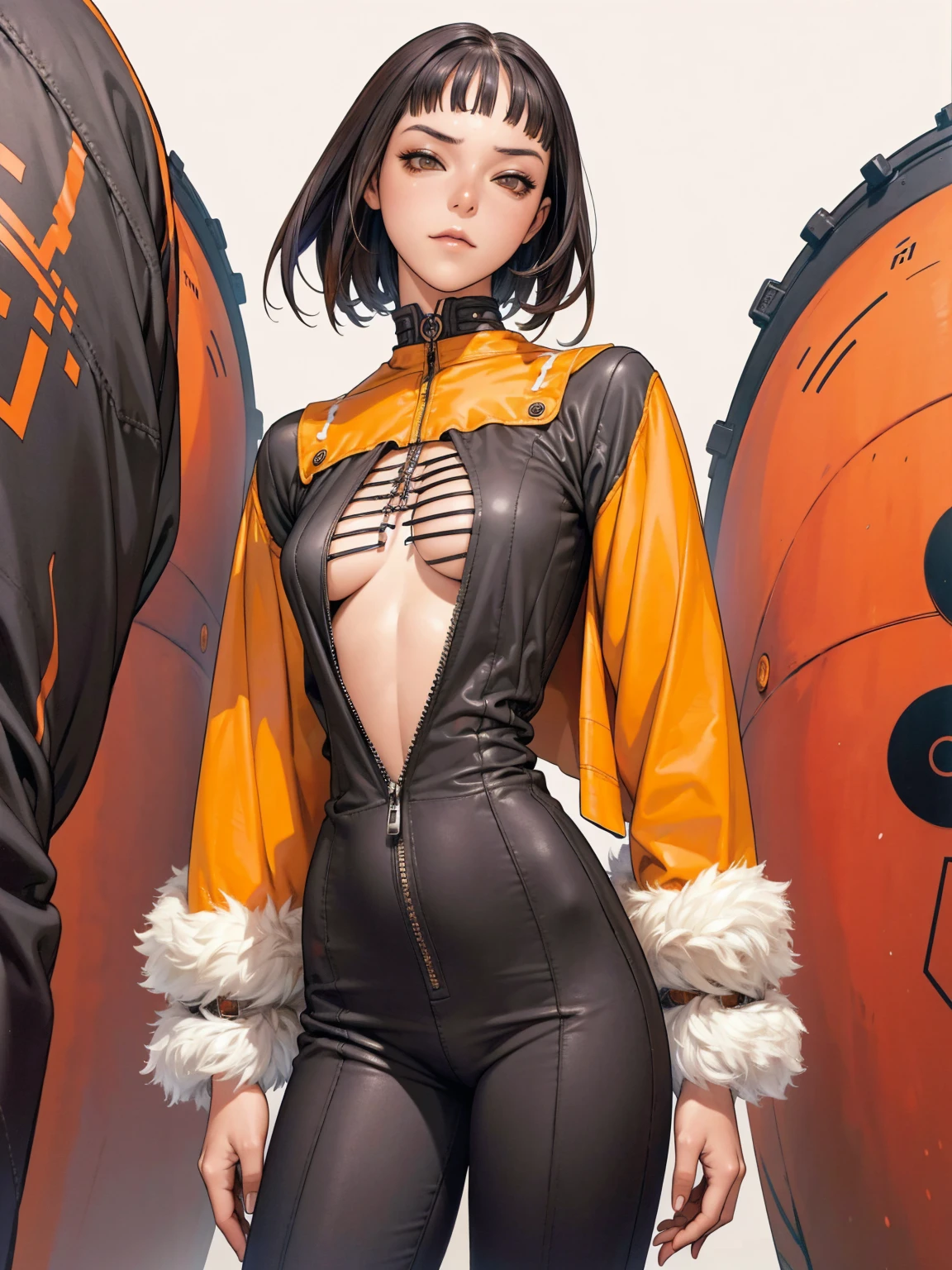 (((best qualityer))), (((manga strokes))), (((Cabelos laranja))), uma Kizi jovem muito bem vestida com roupas modernas de inverno, pants with red and black zig-zag pattern, top gift vertical stripes, short jacket with dark fur collar, beautiful and expressive face, slightly-smile, big eyes with long black eyelashes, heavy make-up, chains and zippers spread across clothes, contrasting colours, pose de atitude, hair with a modern and futuristic cut, urban game poster art, dramatic camera angles, graffiti art elements in the background, design mixing contemporary and retro by Shepard Fairey, (((cowboy shot))), (((best qualityer: 1.4))), (Unbeatable masterpiece), (hiper HD),(CG 8k hyper-realistic), Kizi, (((standing alone))), pirralha violent, ((())), sexly, pose de atitude, work of art, post-apocalypse, (((manga style))), bounty hunter, violent, Manic, the way you want, slenderbody, thin but strong, perfectbody, roupa moderna, advanced technology, neon, sleeves with vertical striped pattern, neutral background, (( cowboy shot )). intricate visual