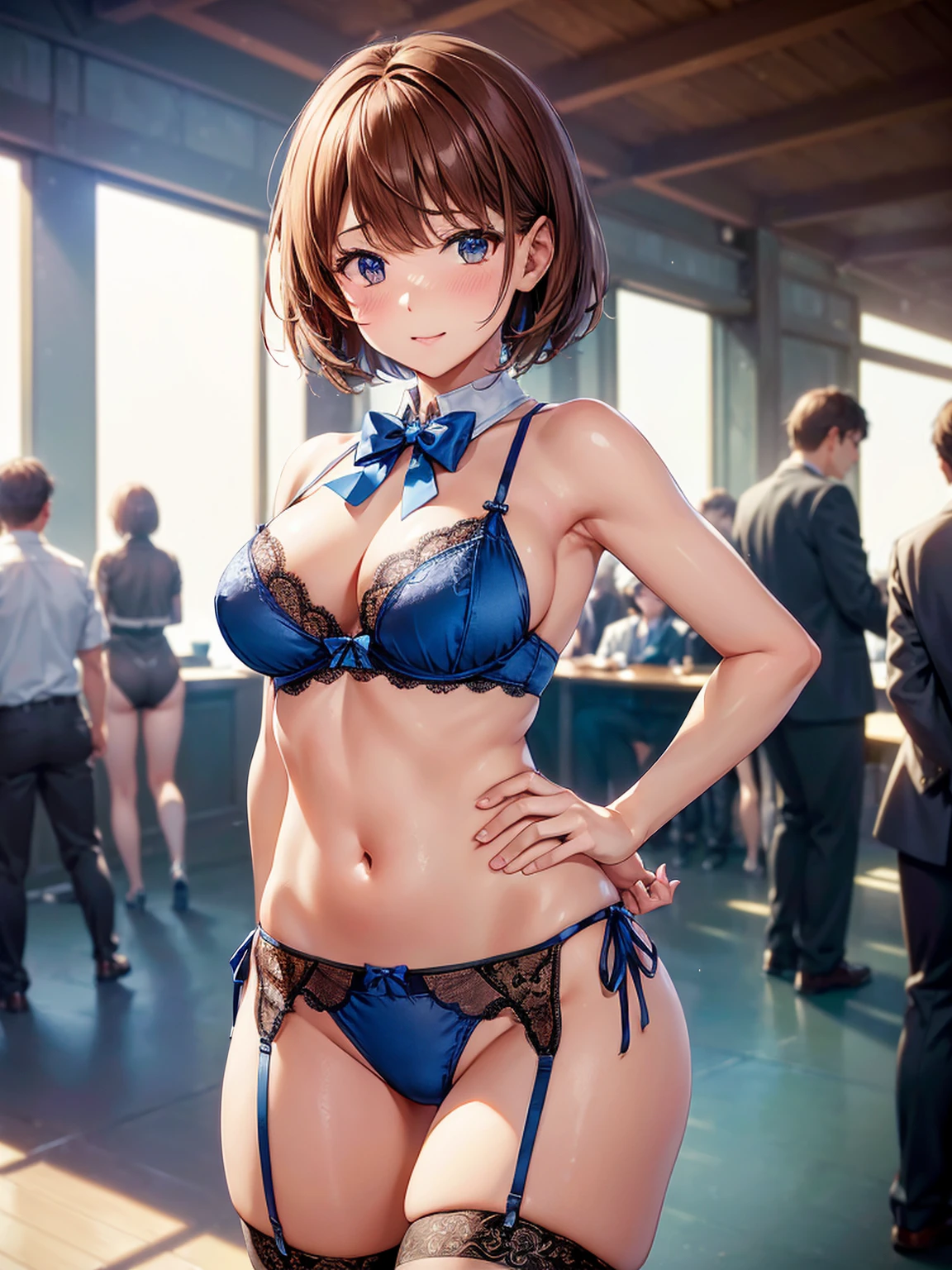 (((masterpiece, Highest quality, High resolution, 超High resolution, Perfect Pixel, Depth of written boundary, 4K, RTTX 10.0))), Beautiful Anime Woman, Beautiful art style, Anime characters, ((Smooth texture, Realistic texture, Anime CG Style)), Perfect and accurate finger count、Exact number of legs、(Exact number of arms:1.0, Exact number of hands:1.0), (Perfect hands, Perfect Anatomy), Cinematic, Realistic, Extremely detailed CG, Daytime lighting, Perfect lighting, Best Shadow, The best natural light, whole body, Perfect body, バランのとれたPerfect body, Perfectly balanced style, Slender body, ((bangs, Reddish brown hair, Bobcut)), ((A cute adult woman stands in a sexy pose:1.8)), ((Bow tie around neck:1.3), (Sexy and cute blue underwear:1.3), (Stylish shiny blue satin panties, Side-tie panties, Panties with plain blue center and lace decoration on the sides:1.3), (Thin panties:1.3), (Blue micro lace satin bra, Blue bra with lace trim, Thin bra:1.3), (lace garter belt, Garter Strings, Knee socks:1.3):1.3), (Beautiful big , Cleavage:1.1), (Embarrassed expression:1.7), blush, (Adult Events, Makuhari Messe, Many visitors in the background, A crowded venue, Many men surrounding a woman, A woman giving directions at the venue, indoor:1.7), naked, In underwear, Panties and bra only, Angle from the front