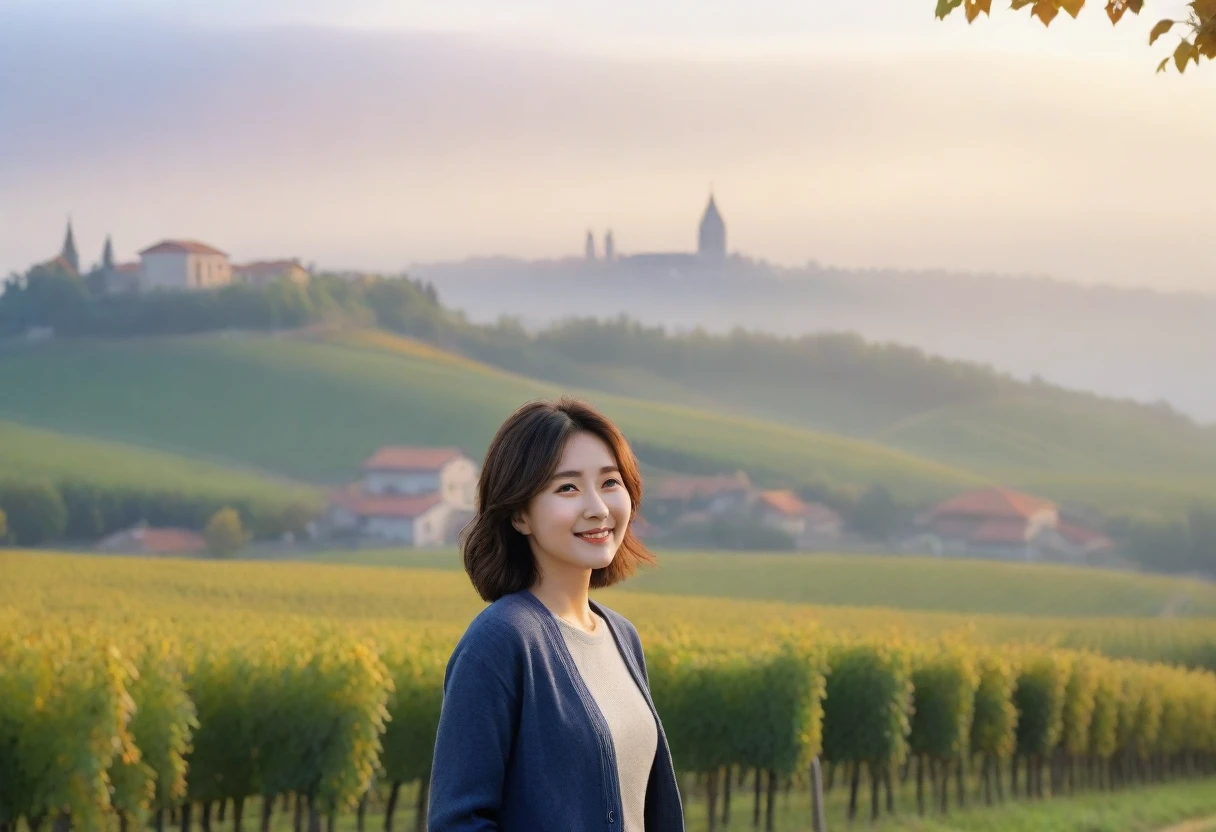 8k best picture quality, Beautiful 36-year-old Korean woman, Chest size 34 inches, Dawn in the early autumn countryside in northern Italy, View of the cathedral next to the vineyards, The back background is realistic and vivid quality., short medium hair, shirts and cardigans, Wear casual pants, Smile slightly. the background is clear, look up to the side., Looking at vineyards covered in thick fog from a tree-lined hill road