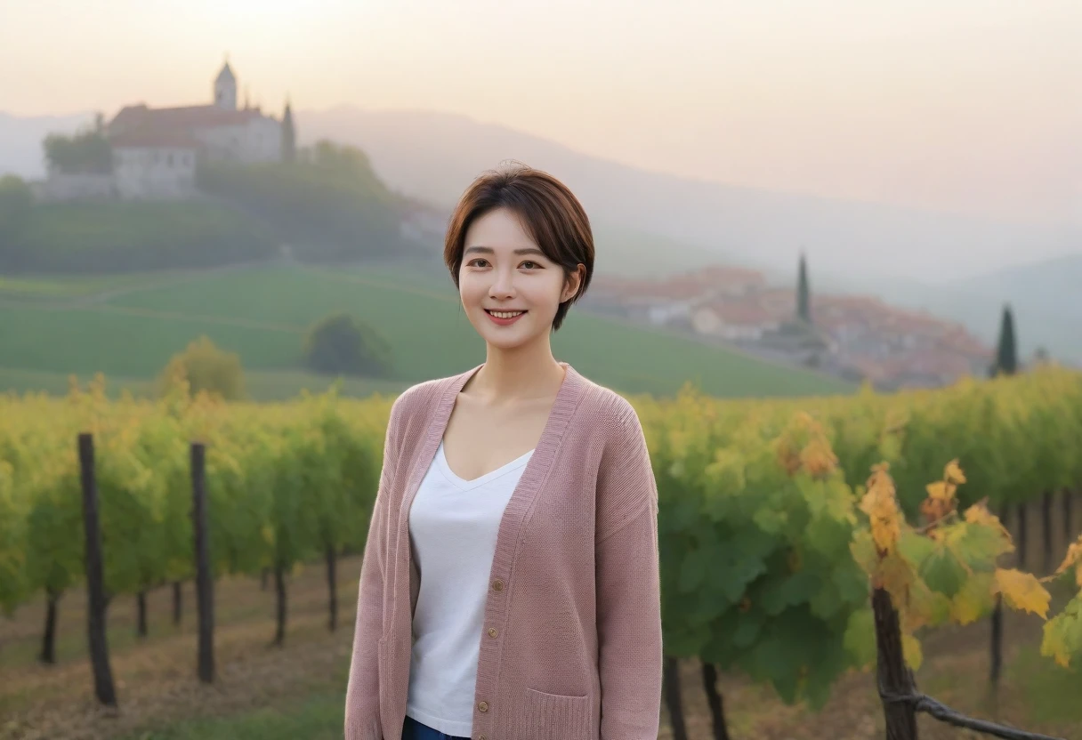 8k best picture quality, Beautiful 36-year-old Korean woman, Chest size 34 inches, Dawn in the early autumn countryside in northern Italy, View of the cathedral next to the vineyards, The back background is realistic and vivid quality., short medium hair, shirts and cardigans, Wear casual pants, Smile slightly. the background is clear, look up to the side., Looking at vineyards covered in thick fog from a tree-lined hill road