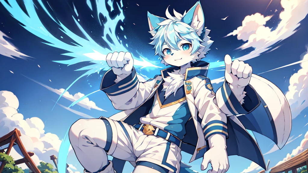 Blue hair,White hair,Blue dragon tail,The end of the tail has white fuzz,hairy,God of Art Super Top Quality, Super detailed, High resolution, Anime cute art style, The best anime, 8k, Kona sauce wallpaper, Pixiv Contest Winners, Perfect anatomical structure, , (Energetic teenager, 13 years old:1.3), High resolution详细的头发,Iris and pupil are well proportioned,Blue pupils,Blue ears,Single,Light blue coat,White shorts,White boots,playground