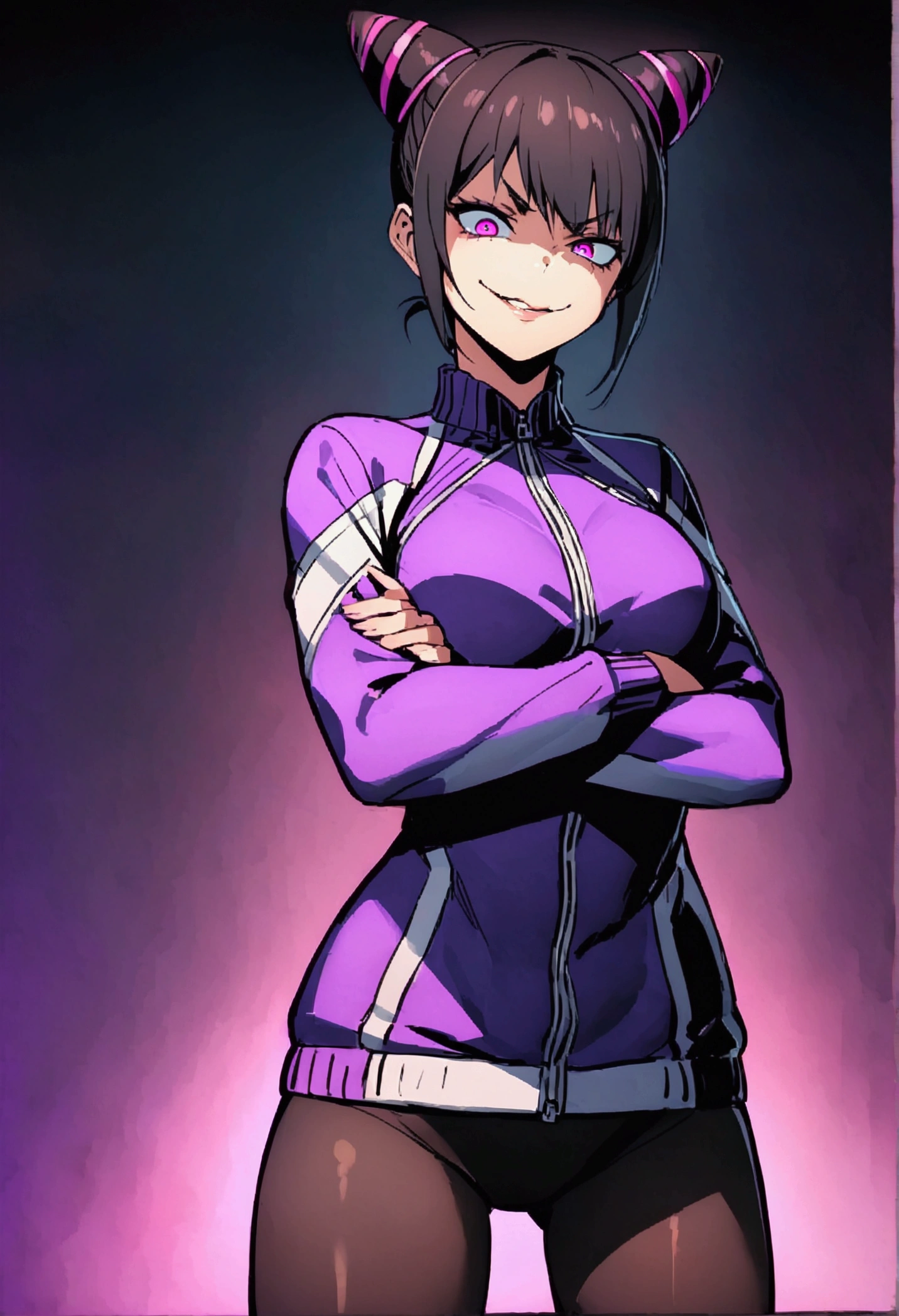 beautiful young fitness woman with , in a gym wearing May with black pantyhose, white and purple fitted gym jacket. standing alone,hair horns,bright purple eyes,Evil smile,legging preto aura roxa,arms crossed eye shadow