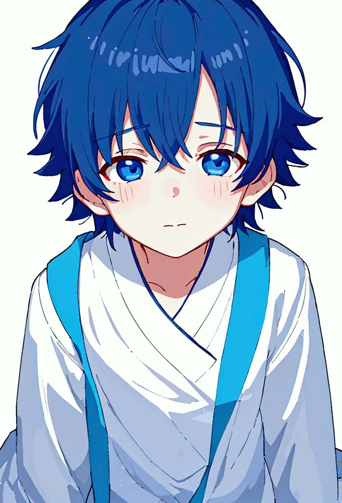 [(white background:1.5),::5], ((((masterpiece)))), High quality, very_High_solve, large in size_File size, full color, (((little boy))), 13 years old, short blue hair, vivid colors, light blue eyes, civilian clothes white, japanese cartoon movies,