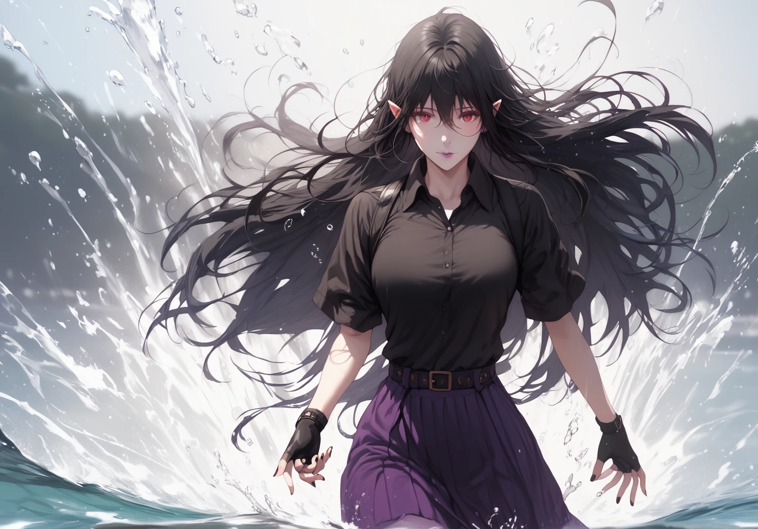 (hews art style:0.7), (asura art style:0.7), score_9, score_8_up, score_7_up, score_6_up, score_5_up, score_4_up, uncensored, black hair, red eyes, purple lipstick, hair between eyes, long hair, short pointy ears, pale skin, BREAK (masterpiece:1.2), best quality, high resolution, (detailed eyes:1.3), perfect lighting, (perfect hands, perfect ???????), 1girl, solo, gloves, black nails, fingerless gloves, looking at viewer, short sleeves, water splash, splash art, 