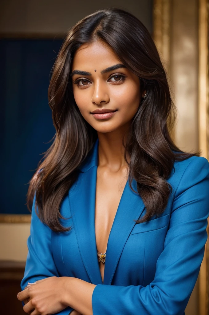 ((best quality)), ((masterpiece)), (detailed), perfect face A confident indian woman with long, slightly wavy brown hair is wearing a vibrant blue blazer. She has a relaxed yet assured expression, with her arms crossed. The background features a blurred text, enhancing the focus on her. Her subtle makeup highlights her natural features. 8k ultra HD realistic
